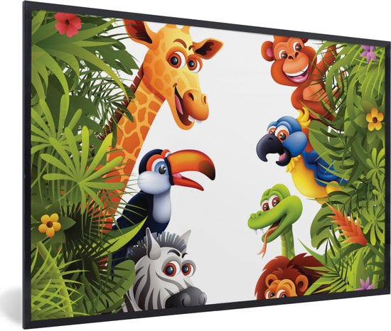 Fotolijst incl. Poster - Jungle - Dieren - Jongens - Meisjes - Giraf - Olifant - Kids - 90x60 cm - Posterlijst