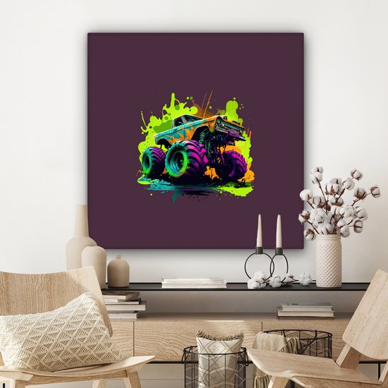 Canvas Schilderij Monstertruck - Groen - Neon - Auto - Design - 90x90 cm - Wanddecoratie