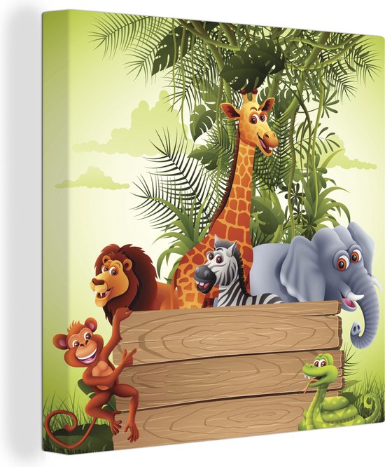 Canvas Schilderij Jungle dieren - Natuur - Planken - Kinderen - Giraffe - Wanddecoratie