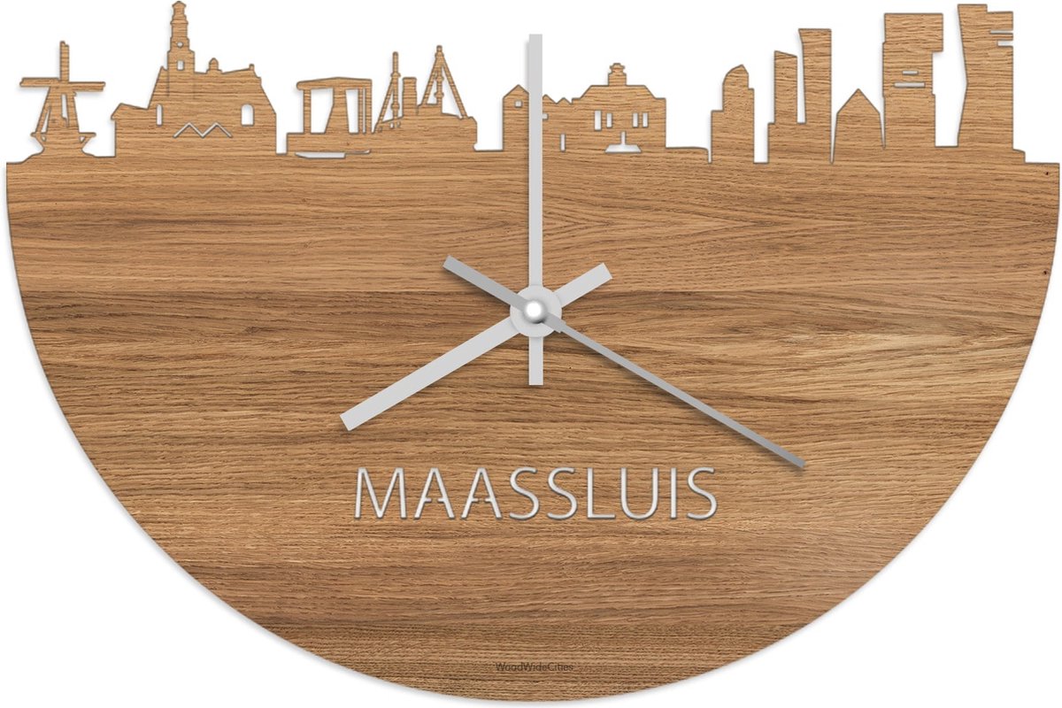 Skyline Klok Maassluis Eikenhout - Ø 40 cm - Stil uurwerk - Wanddecoratie - Meer steden beschikbaar - Woonkamer idee - Woondecoratie - City Art - Steden kunst - Cadeau voor hem - Cadeau voor haar - Jubileum - Trouwerij - Housewarming - WoodWideCities