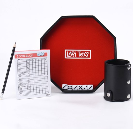 Lapi Toys - Dobbelspel Set - Yahtzee - Yatzee - Dobbel - Dobbelbord - Gezelschapsspel - Dobbelstenenbak - Dobbelbeker - Rolling Tray - Inclusief Dobbelstenen Set, Yahtzee Scoreblok, Dobbelbak, Dice Cup en Potloden - Rood