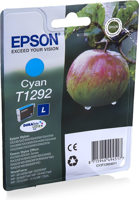 Epson T1292 cyaan inktcartridge verpakking met "DuraBrite Ultra Ink" logo, de tekst "EXCEED YOUR VISION" en een appel met waterdruppels op de achtergrond.