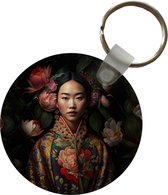 Sleutelhanger - Vrouw - Asian - Kimono - Bloemen - Portret - Plastic - Rond - Uitdeelcadeautjes