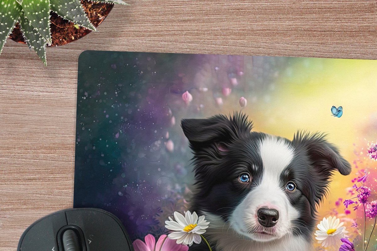 Muismat XXL 50x50 cm - Bureau onderlegger - Bureau mat Hond - Bloemen - Natuur - Puppy - Bordercollie - Bureaumat - Gaming mousepad xl - Bureaulegger groot - Computer deskmat