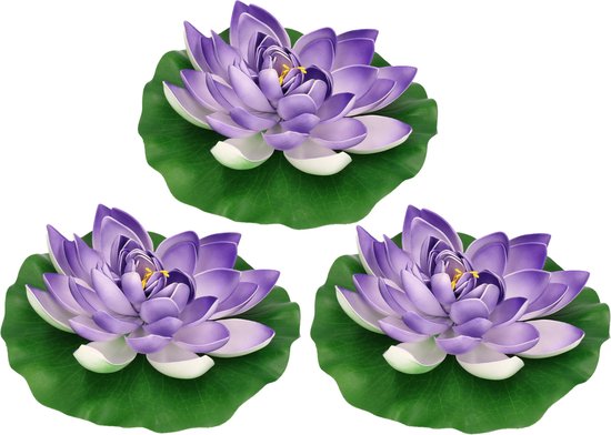 Decoratie waterlelie drijvend - 3x - lila paars - kunststof - 26 cm