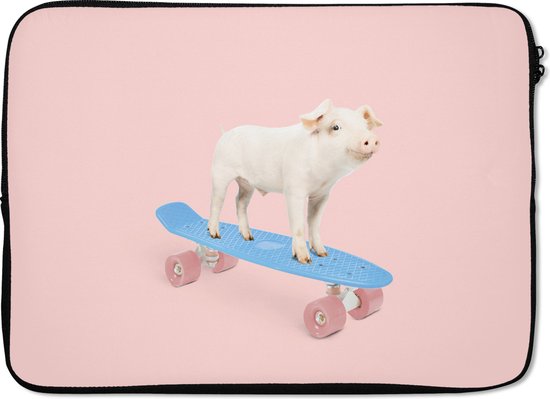 Housse pour ordinateur portable 13 pouces - Cochon - Rose - Skateboard - Blauw - Animaux - Housse pour ordinateur portable - Dimensions intérieures 32x22,5 cm