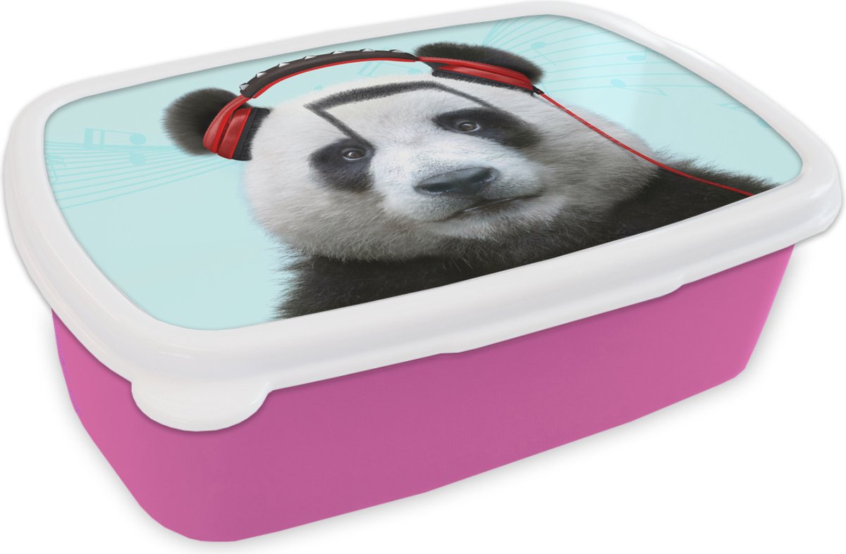 Broodtrommel Roze - Lunchbox - Brooddoos - Panda - Koptelefoon - Dier - Muzieknoten - Rood - 18x12x6 cm - Kinderen - Meisje