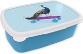Broodtrommel Blauw - Lunchbox - Brooddoos - Pauw - Blauw - Skateboard - Dieren - Grappig - 18x12x6 cm - Kinderen - Jongen
