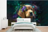 Behang - Fotobehang Hond - Puppy - Bloemen - Natuur - Golden retriever - Breedte 295 cm x hoogte 220 cm