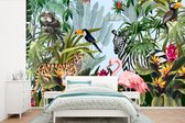 Behang - Fotobehang Jungle - Natuur - Jongens - Meisjes - Kinderen - Zebra - Flamingo - Breedte 420 cm x hoogte 280 cm