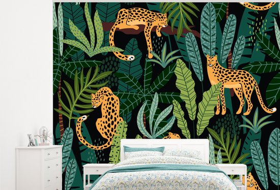 Behang - Fotobehang Jungle - Panter - Patronen - Jongens - Meiden - Planten - Breedte 300 cm x hoogte 240 cm