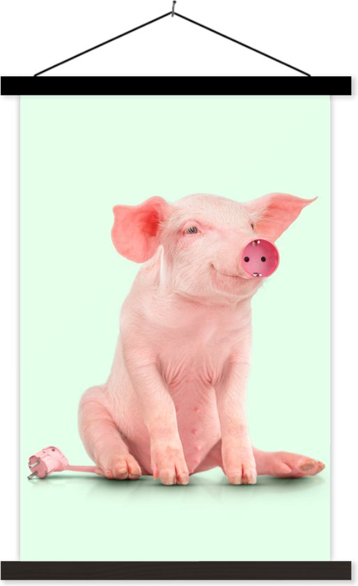 Posterhanger incl. Poster 60x90 cm - Schoolplaat - Varken - Roze - Stopcontact - Dieren - Textielposter - Zwarte latten