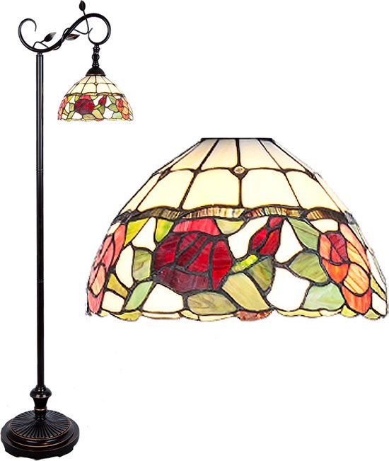 HAES DECO - Tiffany Vloerlamp 40x27x152 cm Bruin Glas Bloemen Staande Lamp Staanlamp Tiffany Lamp