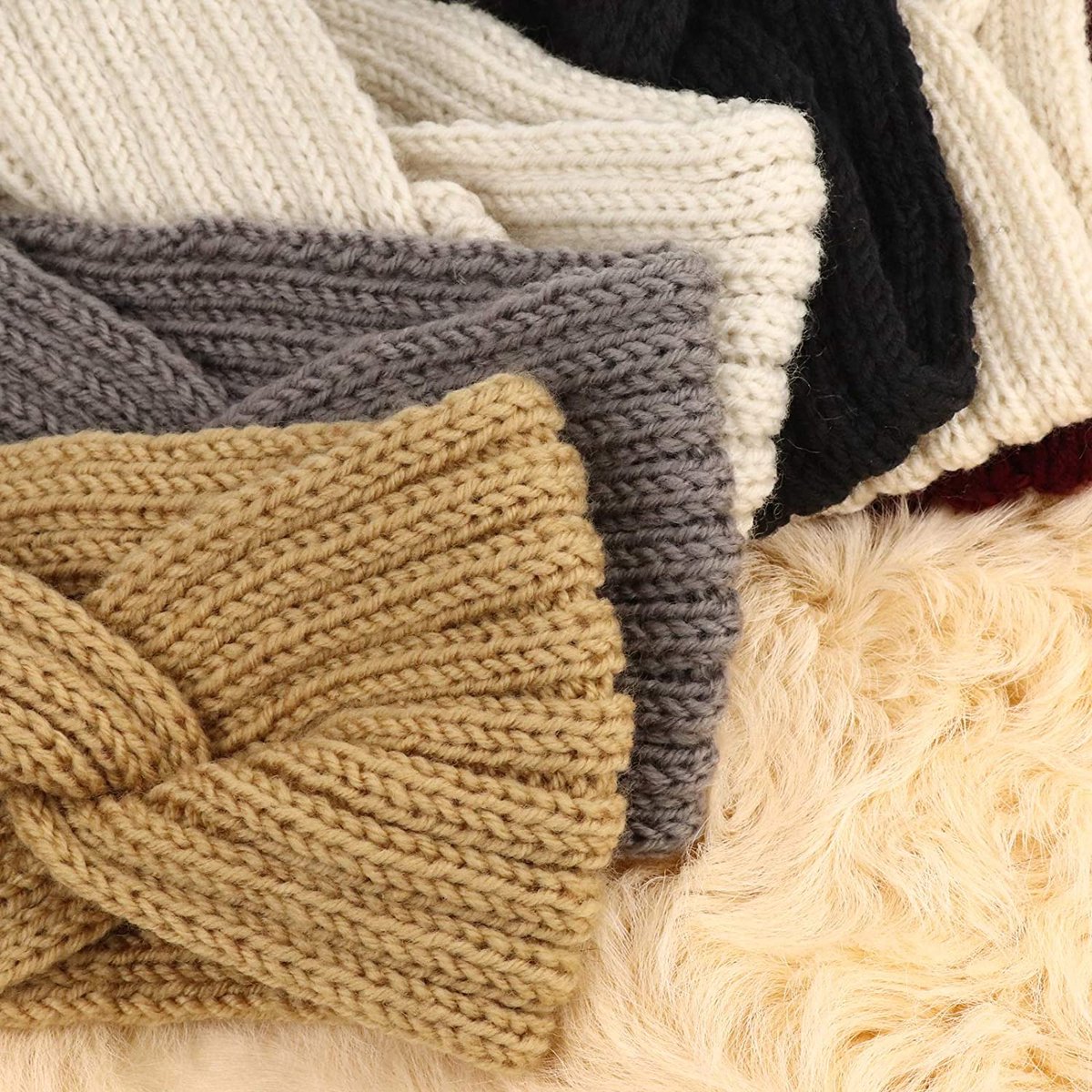 Whaline Lot De 4 Bandeaux D'hiver En Tricot Torsadé Avec Doublure Pelucheuse - Turban épais En Crochet - Chauffe-oreilles - Accessoires Pour Cheveux Pour Femme (beige, Noir, Gris