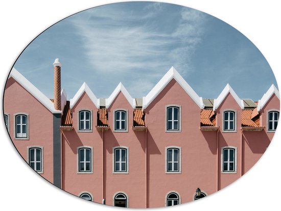 Dibond Ovaal - Roze Rijtjeshuizen - 80x60 cm Foto op Ovaal (Met Ophangsysteem)