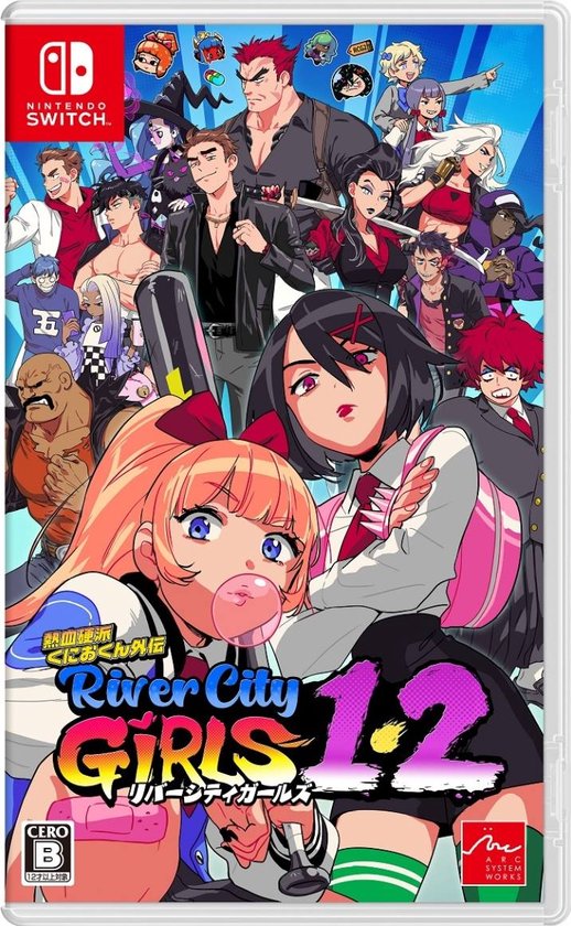 Gamecover River City Girls 1 & 2 voor Nintendo Switch, met een groep anime-personages in een levendige, cartoonstijl.