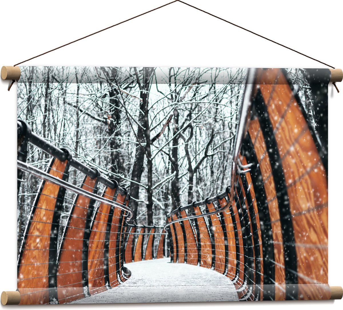 Textielposter - Hekwerk in Ondergesneeuwd Bos - 60x40 cm Foto op Textiel