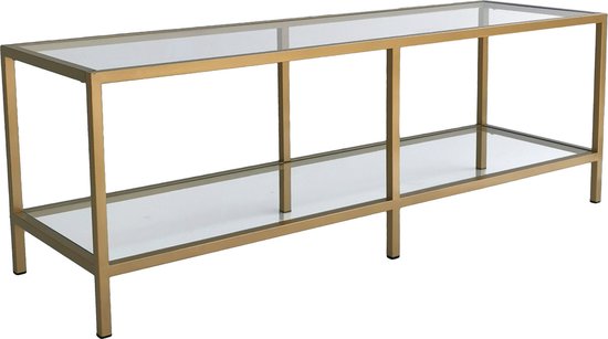 Gouden tv-meubel met glazen bladen en een modern ontwerp.