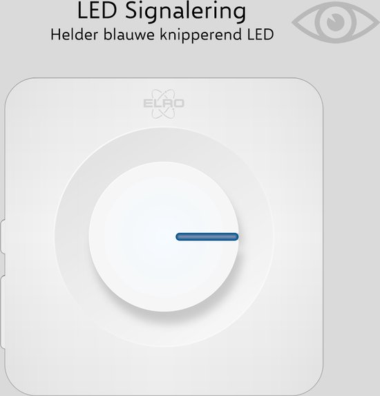 Witte deurbel met een helder blauwe knipperende LED indicator.