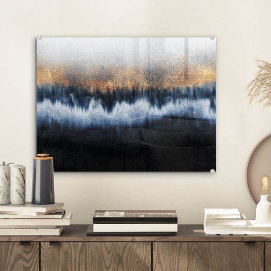MuchoWow® Peinture sur verre 40x30 cm - Peinture sur verre acrylique - Abstrait - Or - Luxe - Blauw - Photo sur verre - Décoration murale salon - Décoration murale chambre - Peintures