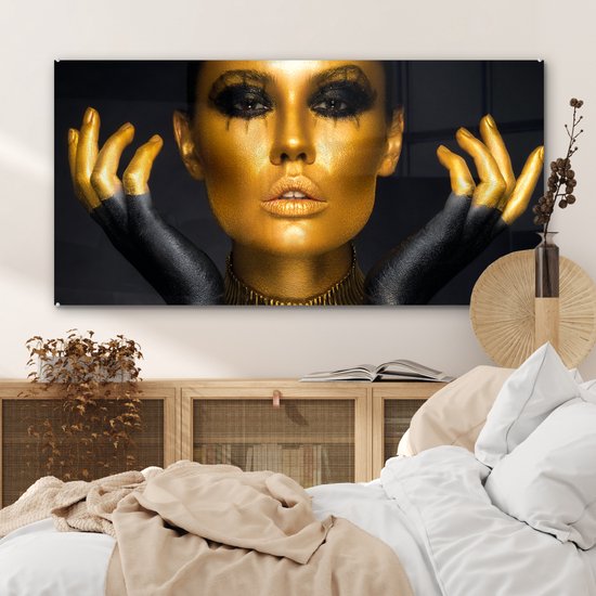 MuchoWow® Peinture sur Verre - Femme - Portrait - Or - Luxe - Zwart - 120x60 cm - Peintures sur Verre Acrylique - Photo sur Glas