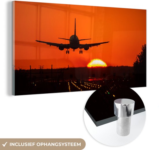 MuchoWow® Glasschilderij 40x20 cm - Schilderij acrylglas - Zonsondergang - Vliegtuig - Oranje - Zon - Foto op glas - Schilderijen