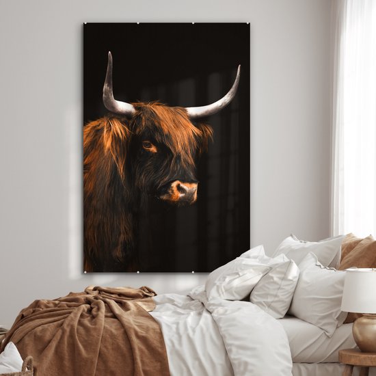MuchoWow® Peinture sur verre 100x150 cm - Peinture sur verre acrylique - Highlander écossais - Zwart - Fourrure - Photo sur verre - Peintures