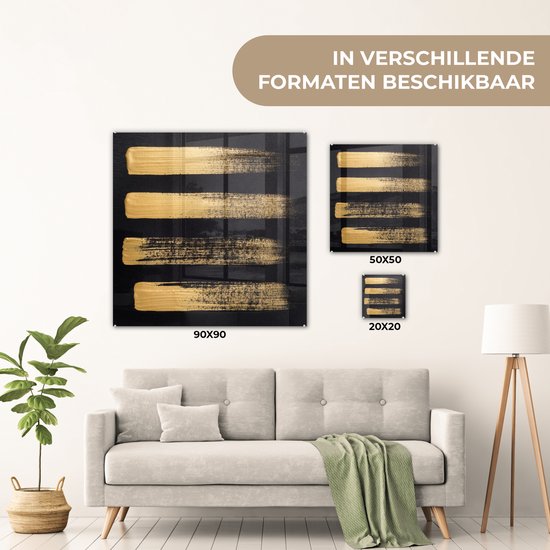 MuchoWow® Glasschilderij 50x50 cm - Schilderij acrylglas - Patroon van gouden verf op een zwarte achtergrond - Foto op glas - Schilderijen