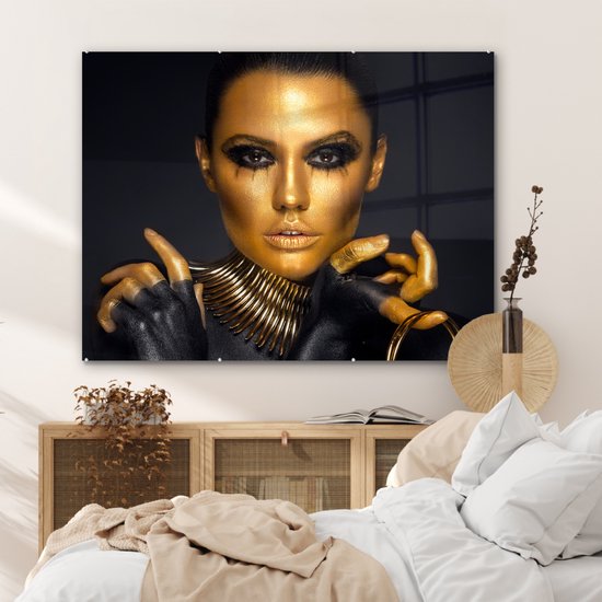 MuchoWow® Peinture sur Verre - Maquillage - Sac - Goud - Luxe - Femme - 120x90 cm - Peintures sur Verre Peintures - Photo sur Glas