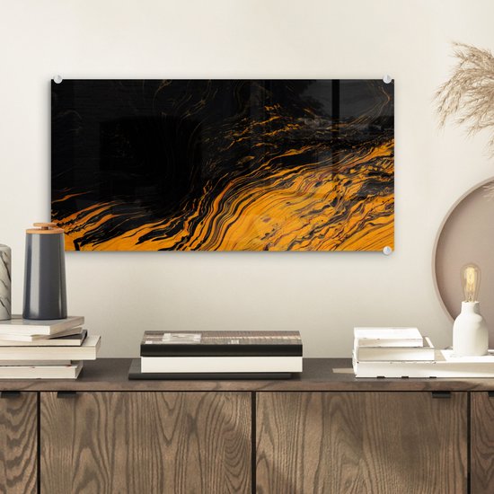 Glasschilderij zwart goud - Marmer - Verf - Goud - Zwart - Marmerlook - 40x20 cm - Muurdecoratie - Decoratie slaapkamer
