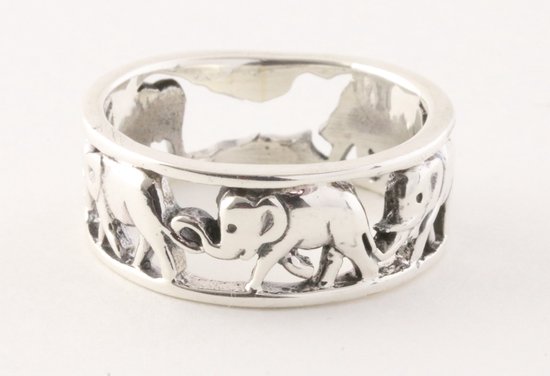 Opengewerkte zilveren ring met olifanten - maat 18
