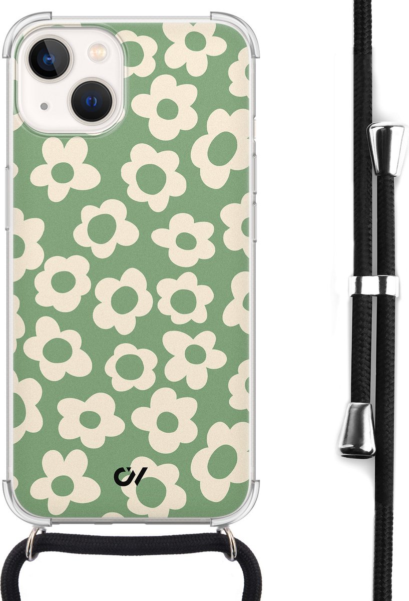 Casevibes - Telefoonhoesje met koord - Geschikt voor Apple iPhone 13 - Retro Cute Flowers - Groen -