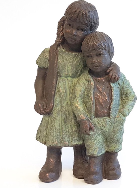 Geert Kunen / Skulptuur / Beeld / Meisje met jongen / Zus en broer - Groen / bruin / goud - 14 x 8 x 25 cm hoog.
