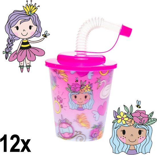 12 STUKS PRINSES 3D Drink Beker met Rietje en Deksel - 250ML - Prinsessen Plastic Bekers - Kinderfeestje - Kinderverjaardag Bekertjes - Traktatie - Uitdeelcadeaus van Qachi. — afbeelding 2