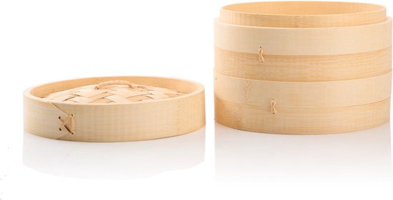 Decopatent® 3 Delig Stoommandje met deksel - 20.5 Cm - Bamboe - Rijst Stoommanden - Stomer Steamer Cooker - Dim Sum Stoomschaal - Decopatent