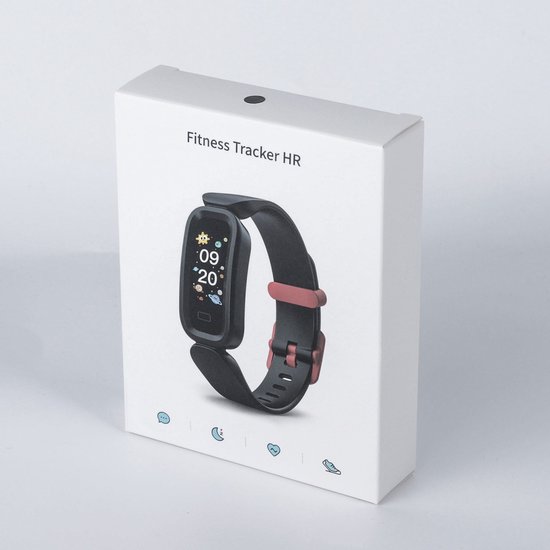 Doos van de 'Fitness Tracker HR' smartwatch met een zwarte band en roze accenten, met een scherm dat '09:20' toont.