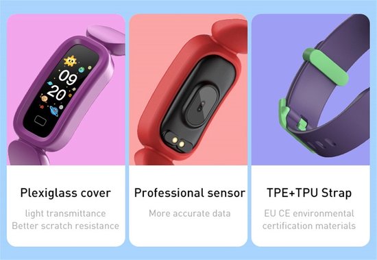 Paarse smartwatch met kleurrijk scherm. Detailfoto's van de rode smartwatch met professionele sensor en TPE+TPU band.