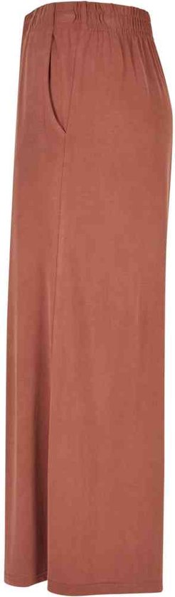 Bruine culotte met zijzakken en elastische tailleband, detail van de zijkant.