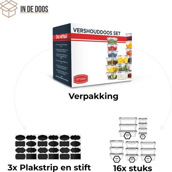 Stosh Vershoudbakjes - Meal Prep Bakjes - Diepvriesbakjes - Voedselcontainer - 16 Stuks - BPA vrij