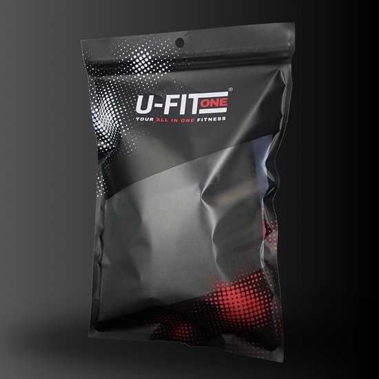 Verpakking van U-FIT ONE polsbandjes met een zwart en rood grafisch design.