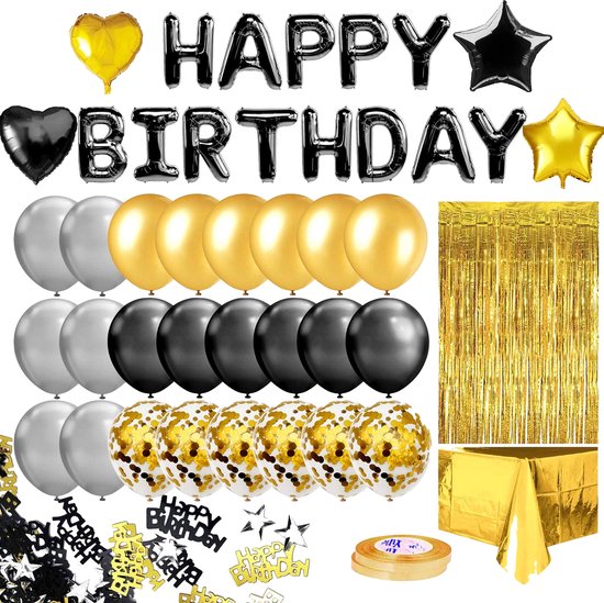Ballonnen + Versiering + Happy Birthday Slinger - 30 jaar verjaardag versiering - Goud en Zwart - 80cm - 30e Verjaardag - Verjaardag versiering - Black and Gold Party