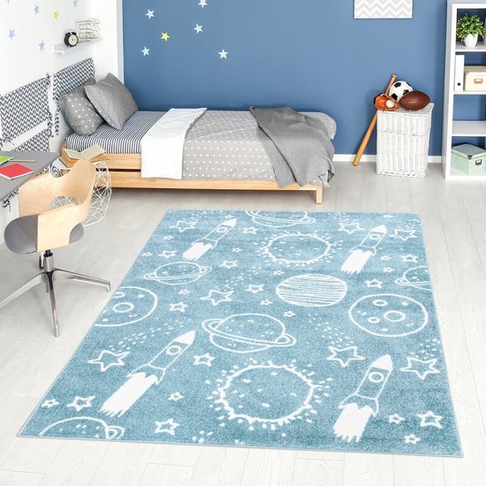 Flycarpets Playful Pals Kids - Blauw Ruimte Vloerkleed Kinderkamer / Babykamer - Laagpolig Kindervloerkleed 190x280 cm