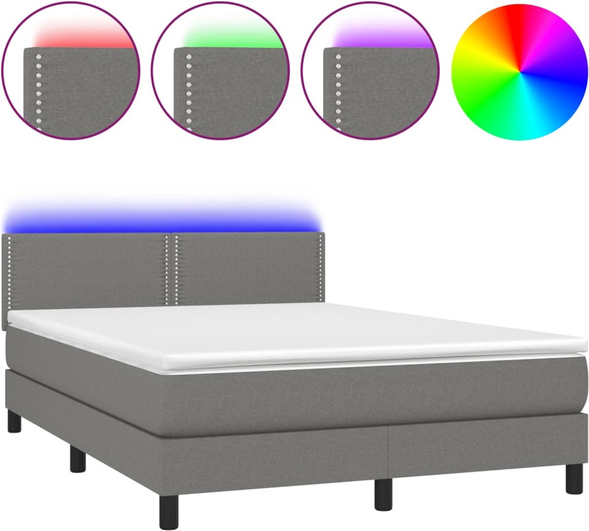 vidaXL - Boxspring - met - matras - en - LED - stof - donkergrijs - 140x200 - cm