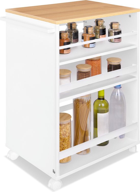 bomoe Bengt - Chariot de cuisine sur roulettes 50x79x38 cm - Chariot de service Bois avec 3 Planches & plan de travail FSC® - Wit & Chêne