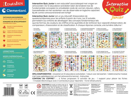 Clementoni Educatieve Quiz Junior bordspel met zoekkaarten, 12 activiteiten en 350 quizvragen