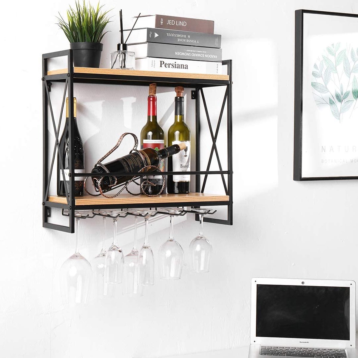 Blauwe Diamantvormige Wandmontage Wijnrek met Glashouder Moderne Houten Drank Display Plank voor Wijn Opslag Drijvende Multifunctionele Stand (55