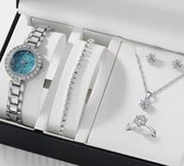 Horlogebox voor dames - geschenkdoos - cadeau set met horloge - oorbellen - ketting - ring - armband - valentijn cadeautje voor haar - zilver-blauw