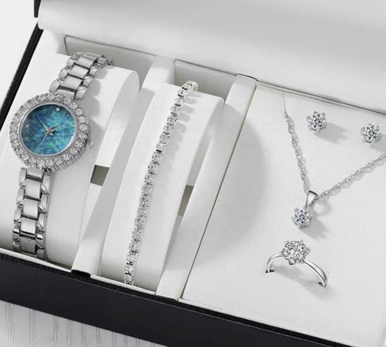 Coffret montre pour femme - coffret cadeau - coffret cadeau avec montre - boucles d'oreilles - collier - bague - bracelet - cadeau saint valentin pour elle - argent-bleu