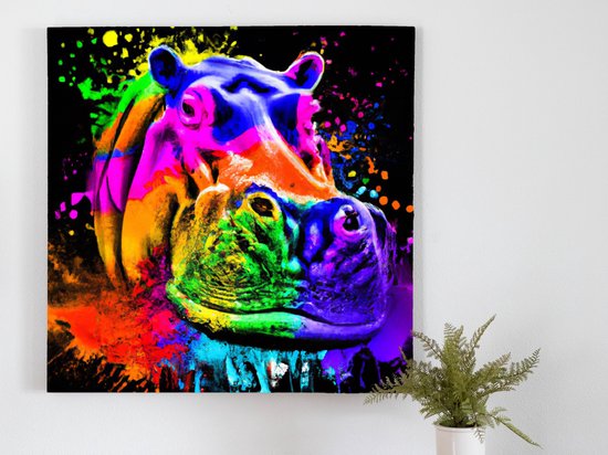 Rainbow bursting hippo | Rainbow Bursting Hippo | Kunst - 60x60 centimeter op Canvas | Foto op Canvas - wanddecoratie schilderij