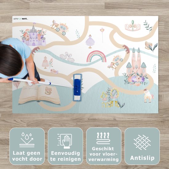 LetsPlaymats® Speelmat baby kinderen - Prinses - Kasteel - Bloemen - Eenhoorn - Meisjes - Speelkleed van vinyl - Speeltapijt - Antislip - 135x90 cm van LetsPlaymats® — afbeelding 3